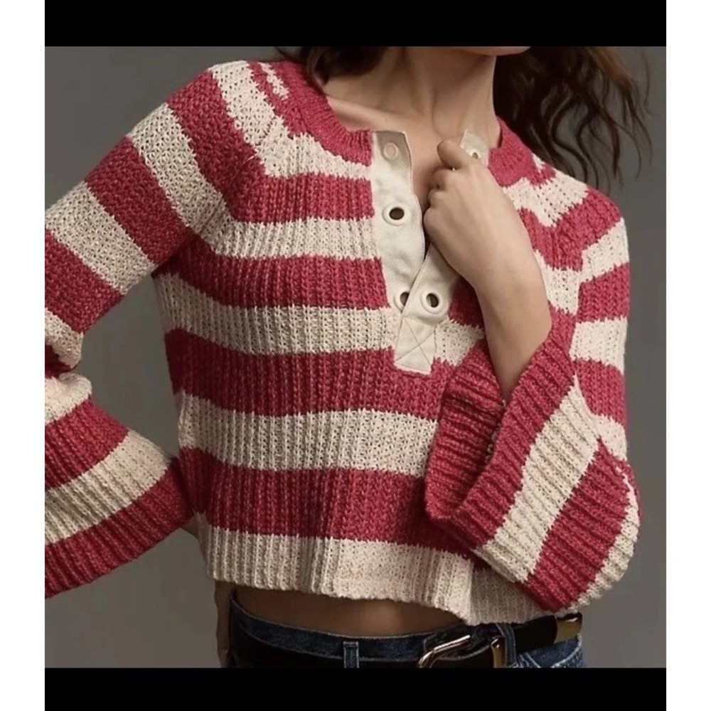 Anthropologie Pilcro Y2K Sleeve Henley Sweater Striped Knit Red Cream M A011449